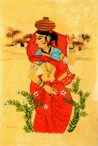 Water Fetching - Acrylic On Acrylic Sheet by Pushpa