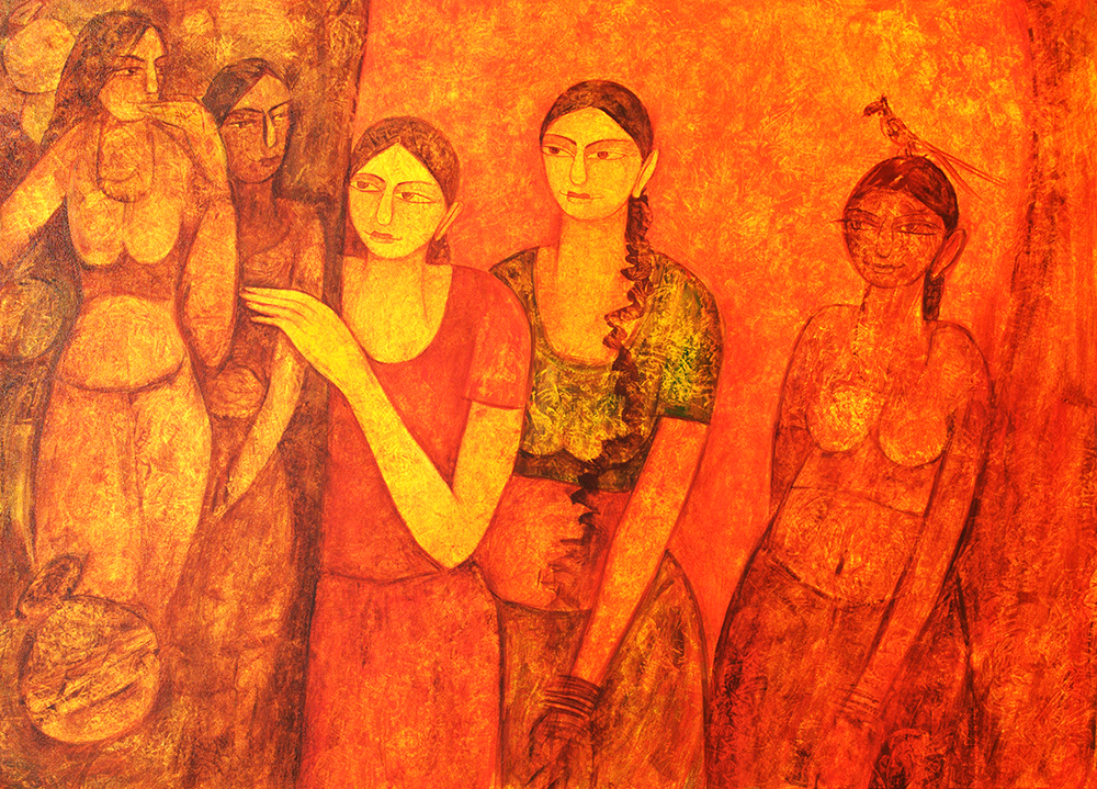 Ladies Gossip Foever - Acrylic On Canvas by  Kamini Baghel